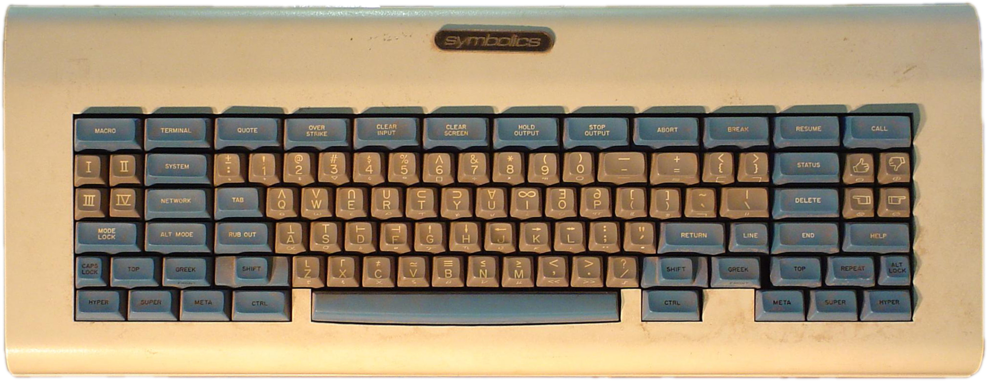 The [:a {:href "https://en.wikipedia.org/wiki/Space-cadet_keyboard"} ("Space Cadet keyboard")], for Lisp machines ca. 1980